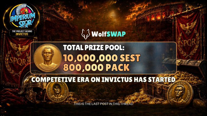 The image features a poster advertising a trading contest called "Wolfswap" that has just started. The poster displays a gold trophy with the text "TOTAL PRIZE POOL 10,000,000 SEST POCK". It also shows two coins on either side of the trophy and a banner displaying the name "Wolfswap" in blue letters at the top.

The image is accompanied by a caption that reads: "Focus on what is in the image and how it relates to the post."