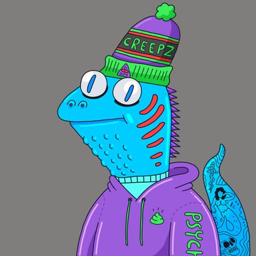 A cartoon illustration of a blue lizard-like character wearing a purple hoodie and a colorful beanie with the word 'CREEPZ' on it.