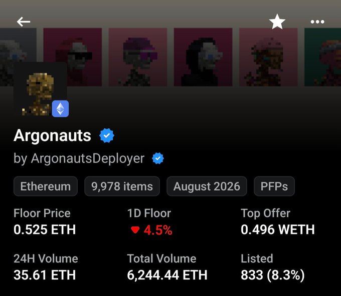 An NFT collection page showing 'Argonauts by ArgonautsDeployer' on Ethereum with 9,978 items, August 2026 release, featuring a floor price of 0.525 ETH, top offer of 0.496 WETH, and 24H volume of 35.61 ETH.