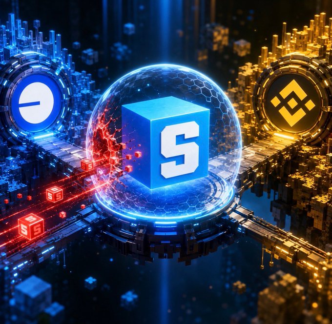 A futuristic 3D digital artwork featuring a blue cube with the 'S' Sandbox logo inside a glowing sphere, flanked by cryptocurrency logos including Coinbase on blue and Binance on gold.