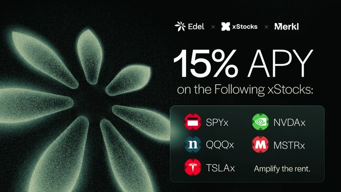 The image features an advertisement for a postcard with information about several recovery portfolios from companies like Edel, Xstocks, and Merkle. The postcard displays logos and text related to the recovery portfolio, along with numbers indicating a 15% APY rate on selected stocks in the xStocks Fi platform. The purpose of the postcard is to inform viewers that there are multiple recoveries available for those who want to invest their funds into these services following the recent market cycle taught them risk management and yield while holding.