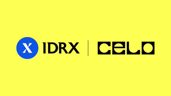 A yellow graphic displaying logos for 'IDRX' and 'CELO' cryptocurrency.