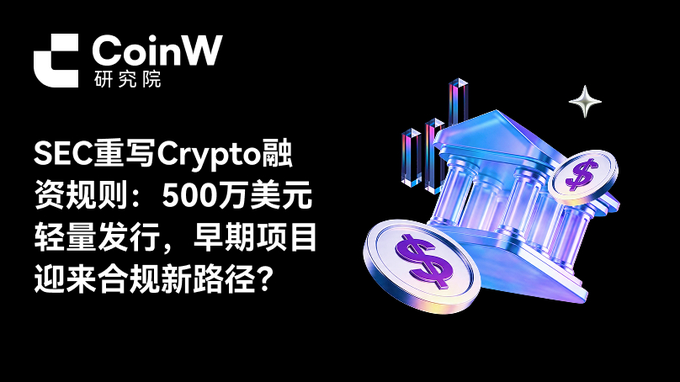 A graphic with the 'CoinW 研究院' logo and Chinese text 'SEC重写Crypto融资规则：500万美元轻量发行，早期项目迎来合规新路径?' alongside an illustration of a bank building with dollar coins.