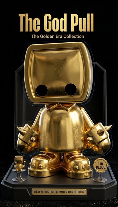 A promotional image for 'The God Pull - The Golden Era Collection' featuring a gold-colored vinyl figure with a TV-shaped head, displayed on a black base. The figure is marked as a limited edition with text reading 'MODEL NO. 001/1000 - ULTIMATE COLLECTOR EDITION' and '1 in 10,000' displayed on a gold medallion.