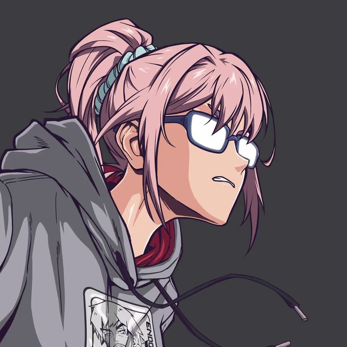 An anime-style illustration shows a girl with pink hair in a ponytail, wearing glasses and a gray hoodie with an "END" graphic, looking to the side.