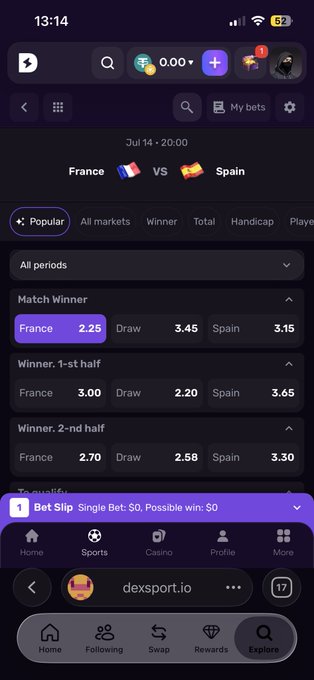 A mobile screenshot of dexsport.io displays Euro 2024 semifinal betting odds for the France vs Spain match on July 14 at 20:00, showing France at 2.25, Draw at 3.45, and Spain at 3.15 for the Match Winner market, alongside 1st half and 2nd half winner options. The betting interface directly supports the post's promotion of Dexsport's live markets for the World Cup Final stage matches.