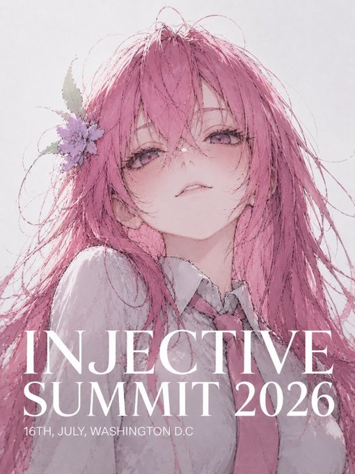 An anime illustration of a pink-haired girl with a flower hair accessory, labeled 'INJECTIVE SUMMIT 2026, 16TH, JULY, WASHINGTON D.C.'