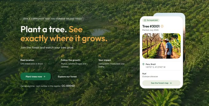 A tree-planting service website with the headline "Plant a tree. See exactly where it grows," featuring a survey plot card for "Tree #3001" planted July 2026 in Para, Brazil, displaying coordinates 1.8751° S, 47.2745° W.