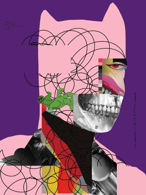 An abstract collage artwork on a purple background featuring a pink cat-like silhouette filled with chaotic black scribbles, a green frog figure, a metallic skull jaw, and fragmented face elements.