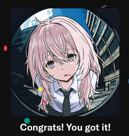 Anime-style illustration of a pink-haired girl with a lollipop framed in a circle, displayed as a gacha pull result with the text 'Congrats! You got it!'
