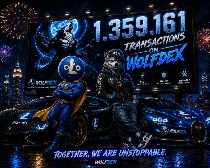 The image features a billboard with two cartoon characters - one dressed as a superhero wearing a blue cape and mask, and another dressed as a wolfdog wearing a black jacket and hat. The text on the billboard reads "1,359,161 transactions have been completed! Thank you to the amazing @LitecoinVM community, for your continued trust and support, we will continue to innovate, improve every day, and take WolfDex to even greater heights."