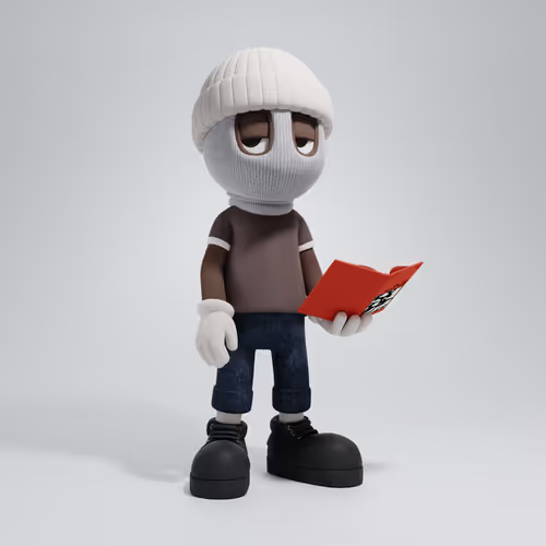 A 3D-rendered cartoon character wearing a white knit beanie, brown shirt, blue jeans, and black boots holds a red item, standing against a plain white background.