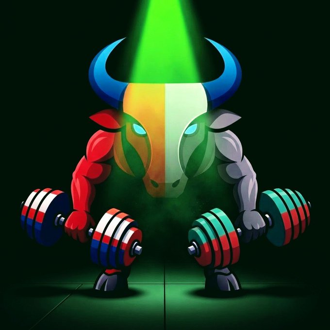 A muscular cartoon bull with glowing green eyes and horns, holding two heavy dumbbells under a dramatic green spotlight.