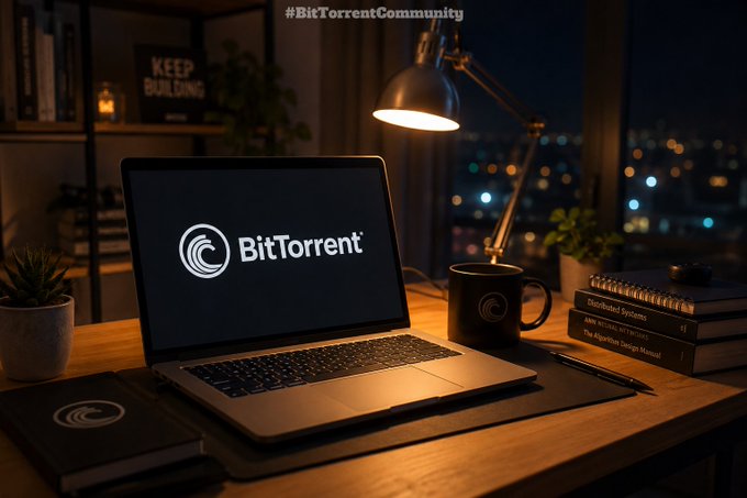 A laptop on a cozy nighttime desk displays the BitTorrent logo alongside a matching mug and notebook, with the "#BitTorrentCommunity" hashtag visible at the top. The setup reflects the post's message of quiet, functional reliability—BitTorrent ($BTT) remaining a trusted tool people rely on, not just hype.