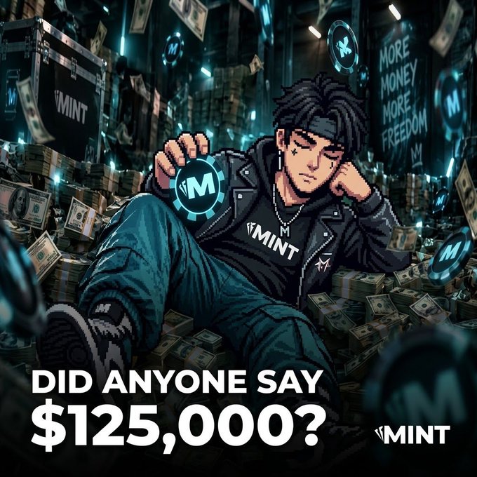 Crypto promotional graphic showing an anime-style character sitting among stacks of money and coins, with text "DID ANYONE SAY $125,000?" and the MINT logo.
