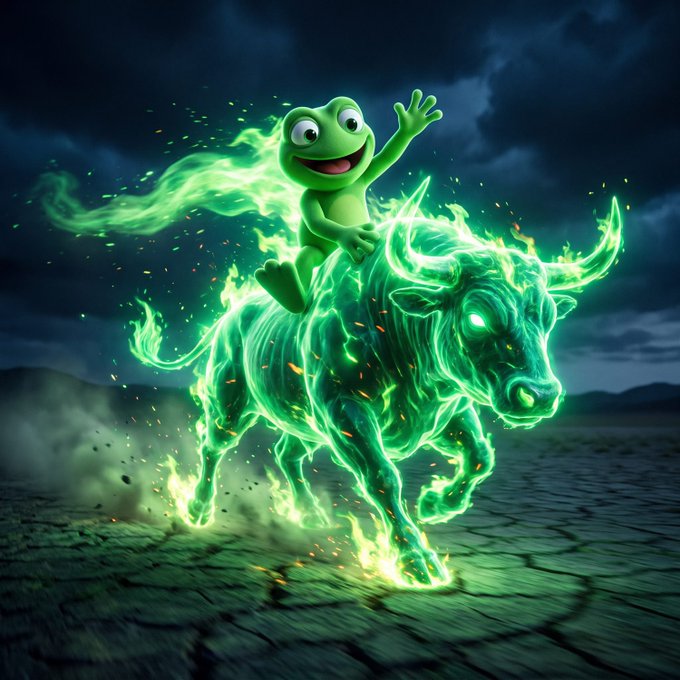 A 3D rendered illustration depicts a smiling green frog character joyfully riding a spectral bull made of glowing green flames and energy across a dark, cracked landscape.