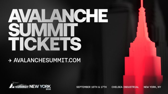 The image is a promotional graphic for Avalanche Summit tickets, featuring bold white text reading "AVALANCHE SUMMIT TICKETS" alongside a red silhouette of a skyscraper (evoking the New York skyline). It directs viewers to **avalanchesummit.com** for tickets to the event taking place **September 16th & 17th** at **Chelsea Industrial, New York, NY**, supporting the post's warning that the official website is the only authorized source for authentic tickets.