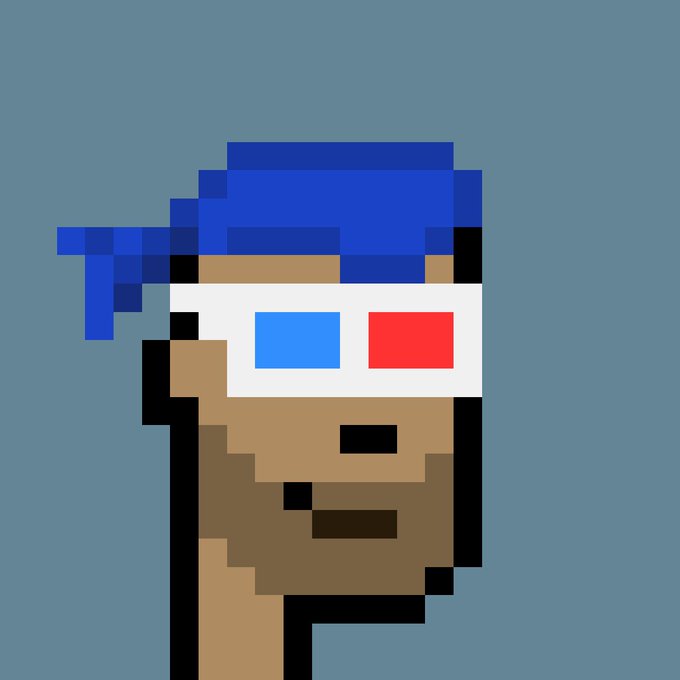 A pixel art portrait of a character with a blue baseball cap worn backwards, featuring a white mask with red and blue eye lenses and brown skin.