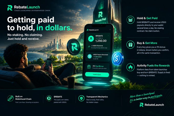 Promotional artwork for RebateLaunch’s “Rebate Pad” shows a user viewing a smartphone app with “$REBATE 1,250.00,” “USDG Payout Received +12.48 USDG,” “3% Buy Bonus,” and a “Hold & Earn” button. The graphic emphasizes “Getting paid to hold, in dollars” through USDG payouts sent directly to wallets several times a day, with no staking or reward claims required.