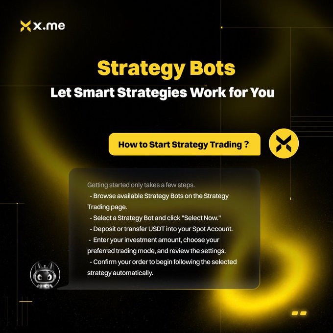 A promotional graphic for 'Strategy Bots' on x.me with the tagline 'Let Smart Strategies Work for You', detailing steps on how to start strategy trading and deposit USDT.