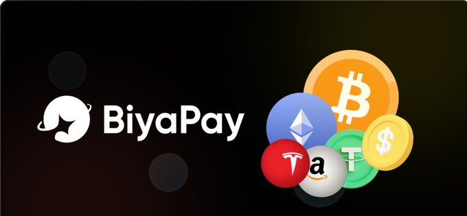 The image shows the BiyaPay logo alongside Bitcoin, Ethereum, and other cryptocurrency coins, illustrating the platform's focus on cryptocurrency-based cross-border payments and trading. This visual aligns with the post's mention of using BiyaPay for cross-border remittances and stock investments via USDT.