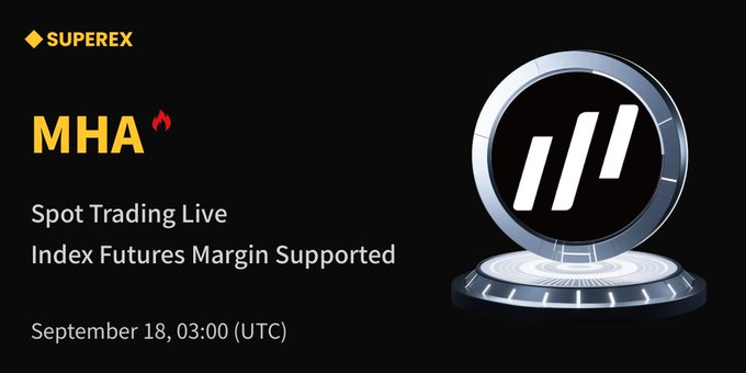 A promotional graphic from SuperEx announcing the new listing of $MHA (Magne AI), highlighting that spot trading is now live with index futures margin support, starting September 18 at 03:00 UTC. The image features the SuperEx logo, the MHA ticker with a flame icon, and a futuristic circular platform displaying stylized "MHA" lettering, visually reinforcing the exchange's launch announcement.