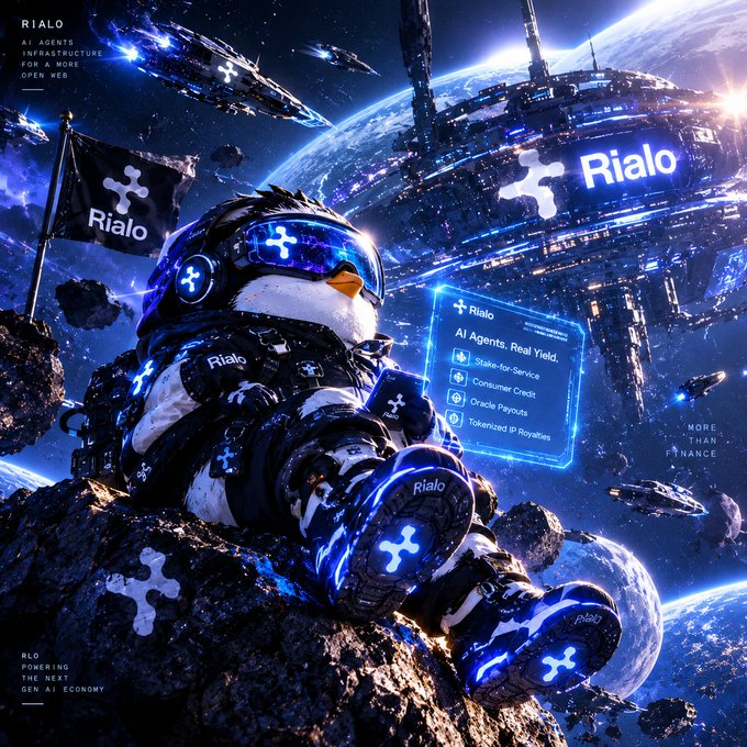 A futuristic AI-generated promotional image for 'Rialo' featuring an astronaut penguin holding a flag with the Rialo logo, set against a space backdrop with spaceships and text reading 'AI AGENTS INFRASTRUCTURE FOR A MORE OPEN WEB' and 'POWERING THE NEXT GEN AI ECONOMY'.