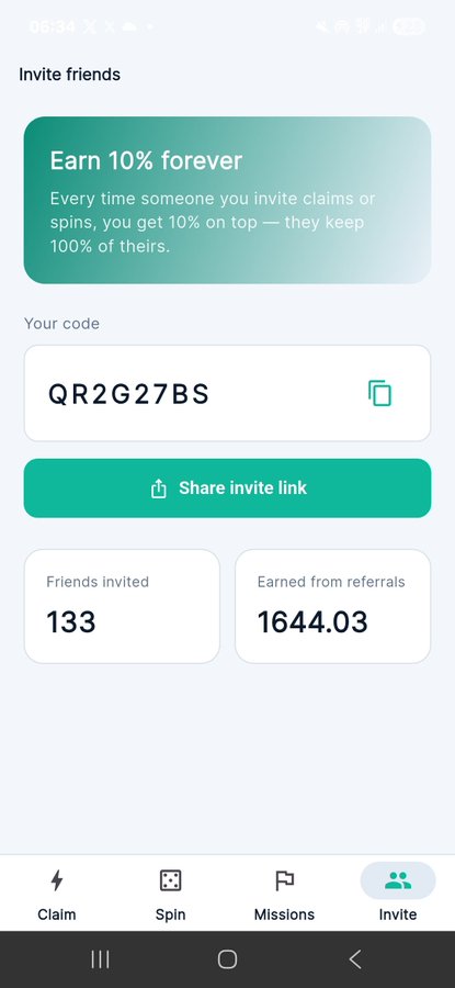 A mobile app referral screen showing invite code 'QR2G27BS', with 133 friends invited and 1644.03 earned from referrals.