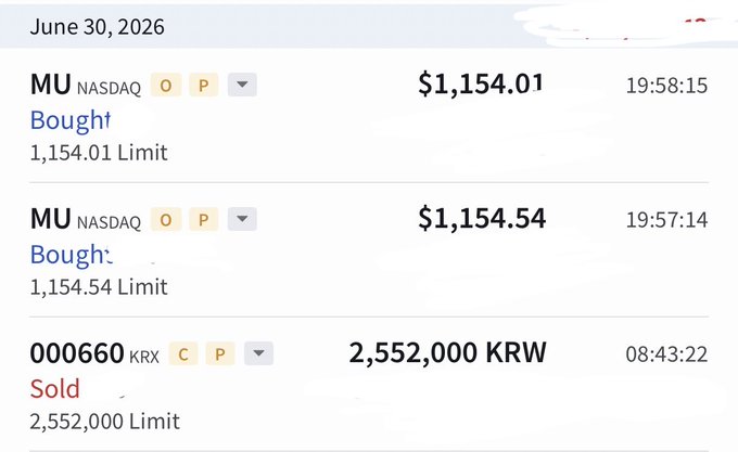 A stock trading interface dated June 30, 2026, showing two 'Bought' transactions for 'MU' (NASDAQ) at $1,154.01 and $1,154.54, and a 'Sold' transaction for '000660' (KRX) at 2,552,000 KRW.