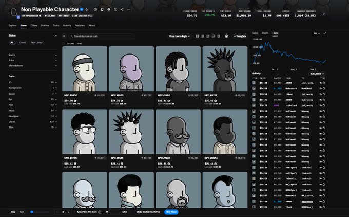 A screenshot of a cryptocurrency NFT marketplace interface displaying 'Non Playable Character' (NPC) collection digital avatars, with pricing data and activity logs visible.