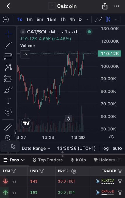 Trading chart showing Catcoin (CAT/SOL) on a 1-second timeframe with current price at 110.12K, up 4.45%, displaying recent transactions including trades by KpXTCV ($43) and QHPovB ($69).