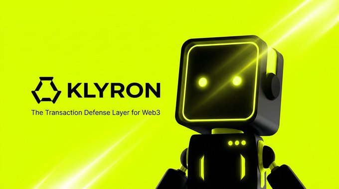 A bright neon-green promotional banner for KLYRON, described as 'The Transaction Defense Layer for Web3', featuring a black robot character with glowing yellow eyes.