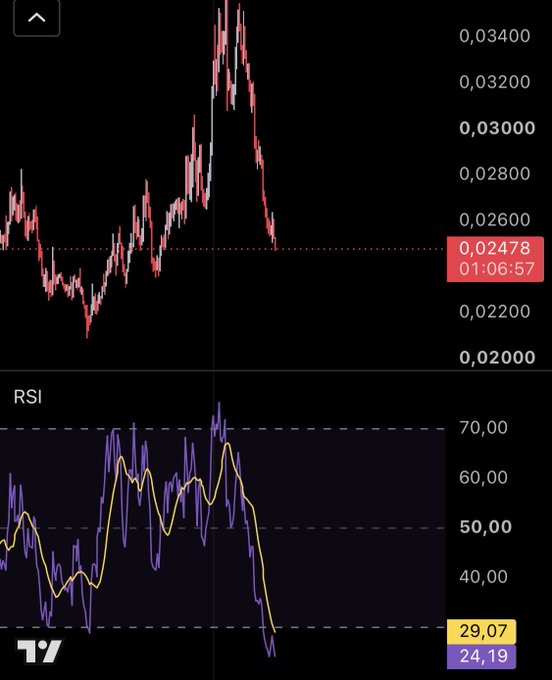 A trading chart showing a candlestick price graph with a current value of 0.02478 at 01:06:57, accompanied by an RSI indicator displaying values of 29.07 and 24.19.