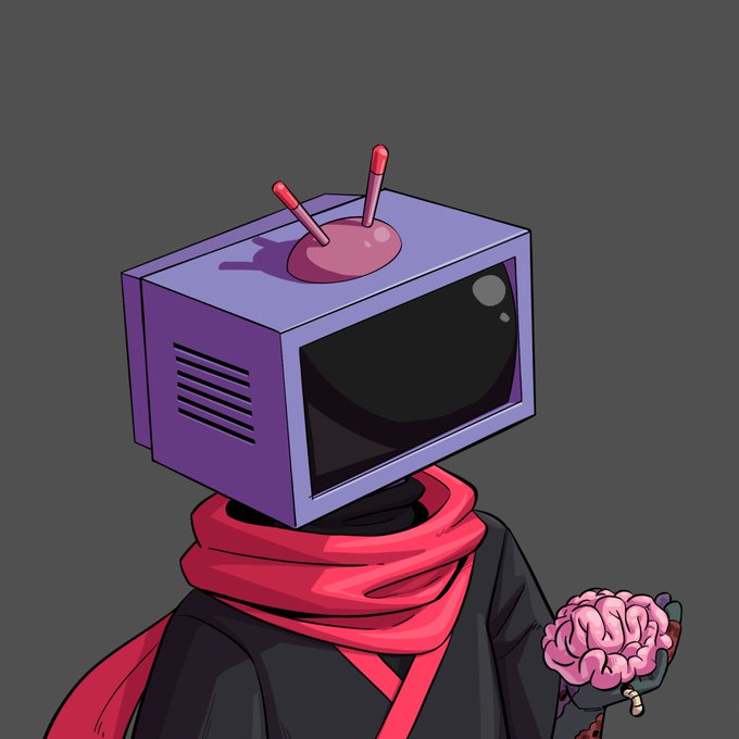 A cartoon ninja character with a purple CRT monitor for a head, featuring pink antennae and a red scarf, holds a pink brain in one hand. The character's cybernetic, brain-manipulating appearance aligns with the "Tele Ninja" theme, suggesting a teleportation or mind-controlling assassin archetype.