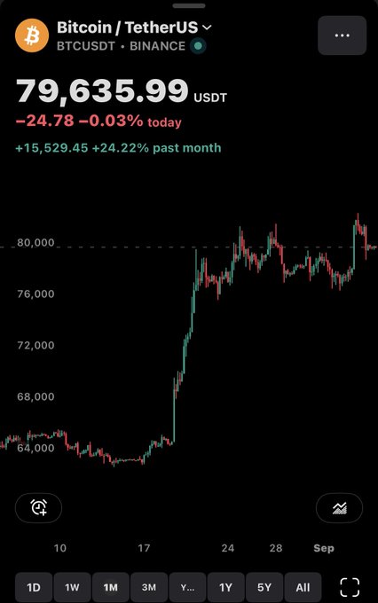 A Bitcoin/TetherUS (BTCUSDT) chart on Binance showing the price at 79,635.99 USDT, down 24.78 (-0.03%) today but up 24.22% over the past month.
