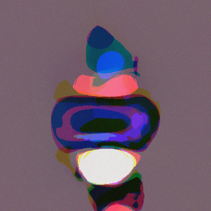 An abstract digital artwork featuring colorful, segmented shapes in blue, pink, and purple tones arranged vertically against a grainy mauve background, resembling a stylized figure or character.