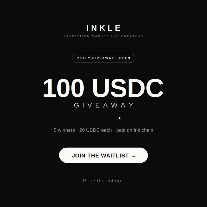 The image features a black background with white text, including an email invitation for a 100 USDC giveaway. The email invites people to join the waitlist for this special offer, stating that 5 winners will be chosen randomly from the 100 USDC participants who joined the waitlist. Each winner will receive 20 USDC in exchange for their participation.