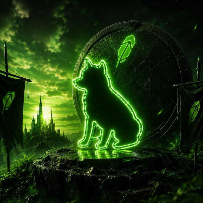 A glowing green wolf emblem radiates from a cracked stone portal against a dark fantasy backdrop, with banners bearing a geometric token symbol flanking a distant castle—visually evoking the post's theme of an awakening "green era" and rallying early believers to the $PONSDOG token (contract: 0x2B5fe0943cB1B64Fa43F9C4C8E15C0eEF1C6eaAf).