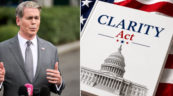 The image shows Treasury Secretary Scott Bessent speaking at a press conference on the left, alongside a document titled "CLARITY Act" featuring an image of the US Capitol and an American flag on the right, visually representing his call for the Senate to pass the digital asset legislation.