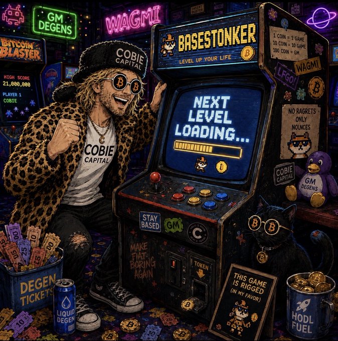 A colorful digital illustration of a man in a leopard print coat and Bitcoin sunglasses next to an arcade game called 'BASESTONKER', with various crypto-themed signs and props surrounding them.