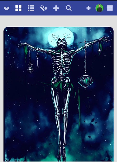 A digital artwork depicting a skeletal figure with tree branches growing from its head, hanging from chains with bells and lanterns against a dark blue moonlit sky, displayed in what appears to be a gallery interface.