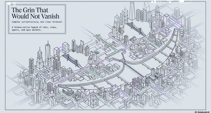An isometric cityscape diagram titled 'The Grin That Would Not Vanish' describing a Solana-native legend involving cats, claws, agents, and open markets.