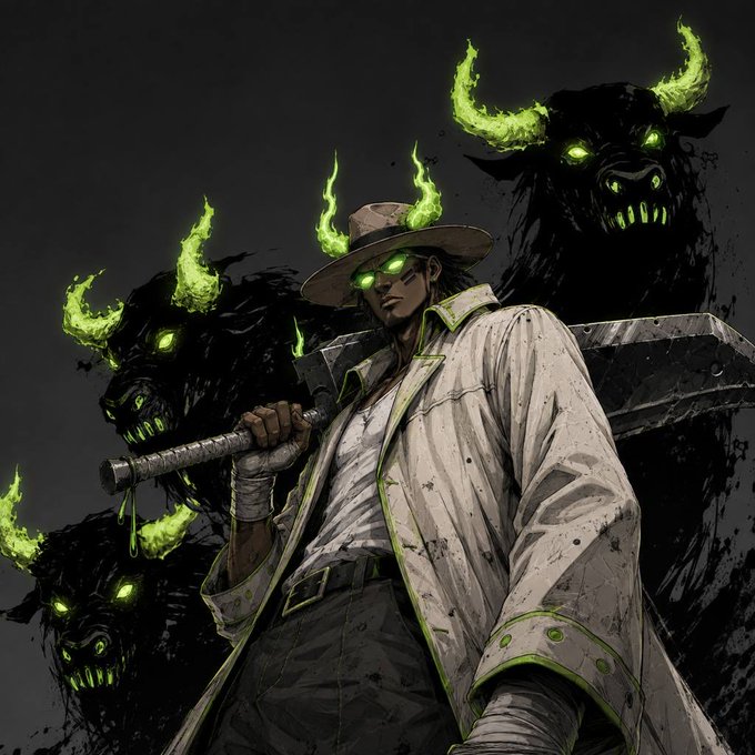 A stylish figure in a white trench coat and fedora wields a sword, flanked by shadowy black beasts with glowing green horns and eyes, evoking a dark, supernatural hunter aesthetic tied to the "$ANSEM" theme.