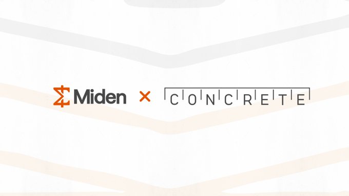 A graphic displays a partnership between 'Miden' and 'CONCRETE' with logos separated by an orange 'X' on a white background.
