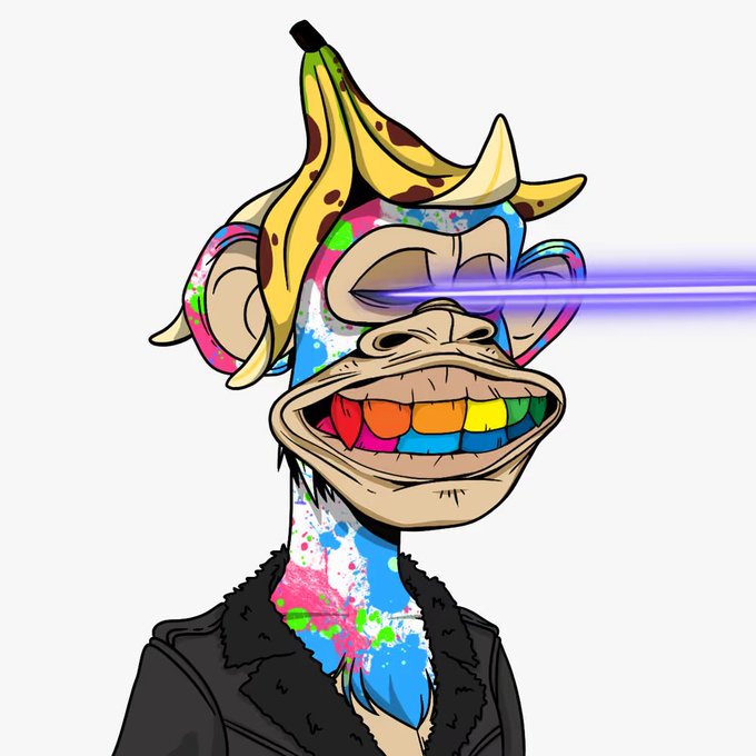 A digital illustration depicts a cartoonish monkey with a banana peel on its head, rainbow-colored teeth, and laser eyes emitting a blue beam.