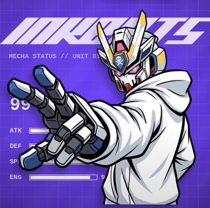 A white hooded mecha character with a Gundam-style helmet and a robotic hand gestures against a purple grid background featuring "INKBOTS" branding and "MECHA STATUS // UNIT 01" stats (ATK, DEF, SP, ENG) bars. It serves as promotional artwork for the InkbotsNFT giveaway offering 4x GTD and 8x FCFS spots.