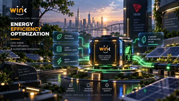 A promotional graphic for "WINK Decentralized Oracle Network" showcasing "ENERGY EFFICIENCY OPTIMIZATION" with green-illuminated tech and solar panels in a futuristic city.