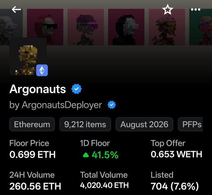 An NFT collection page for "Argonauts" by ArgonautsDeployer on Ethereum, showing 9,212 items from August 2026, with a floor price of 0.699 ETH (up 41.5%) and 24H volume of 260.56 ETH.