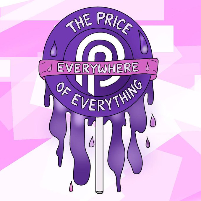 A purple lollipop illustration with the text 'THE PRICE EVERYWHERE OF EVERYTHING' wrapped on a pink ribbon, with the lollipop appearing to melt, set against a pink and white background.
