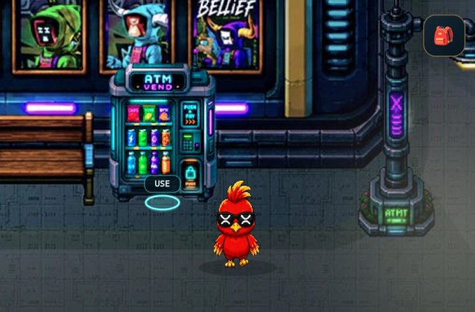 A pixel art video game scene showing a small red bird character standing in front of an 'ATM VEND' machine with 'USE' prompt, set in a cyberpunk-style urban environment with neon signs and another machine labeled 'XLM'.
